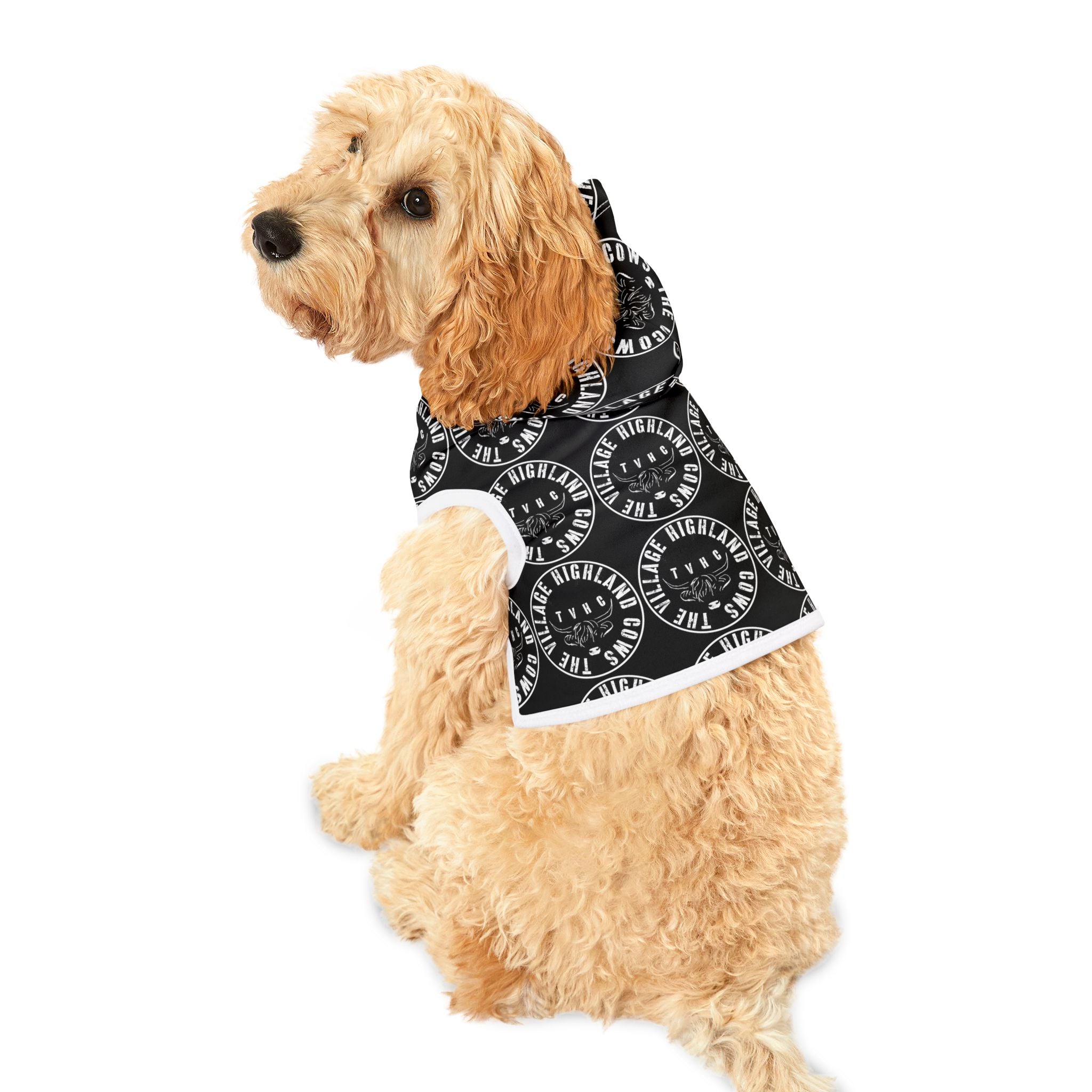 TheVillageHighlandCows Dog Hoodie (White Logo)